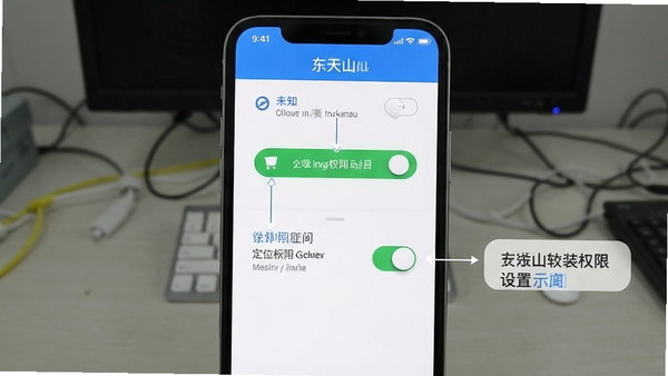 东天山软件安装权限设置示意图,手机屏幕显示允许安装未知应用和定位权限开关,界面简洁,标注清晰