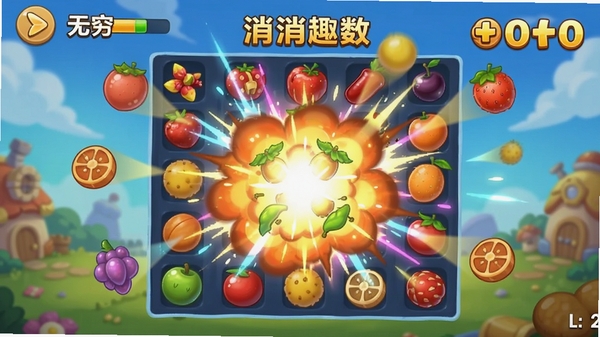 ����Ȥ������Ϸ������Ч���棬��������������ը��������Ļ��˸Ѥ����Ч����ͨˮ��Ԫ�ط��裬�߷�����ʾ���ֻ���Ϸ��ͼ���