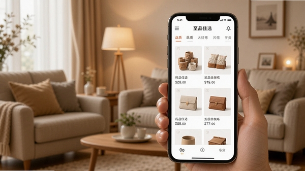 至品佳选购物平台界面展示,手机屏幕中呈现精选商品列表与分类导航,背景为温馨家居场景,突出品质生活氛围