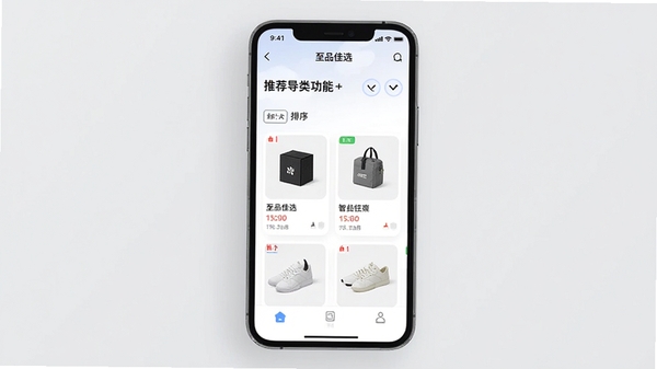 至品佳选APP智能推荐与分类导航功能界面,展示商品卡片和筛选排序选项,风格简洁现代