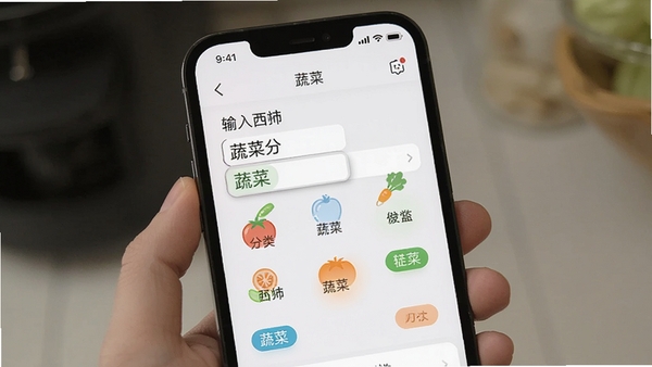 买菜清单智能分类功能演示,手机屏幕显示输入西红柿后自动归入蔬菜分类,界面有分类图标和颜色标签,背景为简洁的白色操作界面,突出智能识别与便捷操作