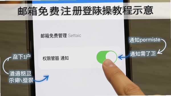 邮箱免费注册登陆操作教程示意图,手机屏幕显示设置界面中权限管理选项,手指正在点击通知权限开关,界面清晰标注每一步操作位置