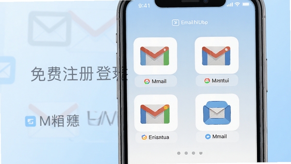 邮箱免费注册登陆软件主界面展示,简洁清新的UI设计风格,手机屏幕中显示多个邮箱服务图标排列整齐,背景为淡蓝色渐变,整体呈现专业高效的办公工具氛围