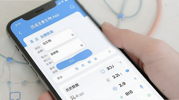 ����ʥ̩����App�������ݼ�¼���棬�ֻ���Ļ��ʾѪѹѪ��¼���������ʷ�����б������ҽ�Ʒ��UI�����������ɫ