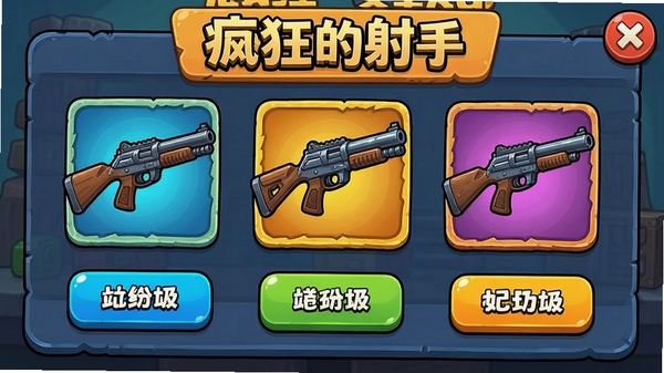 疯狂的射手游戏内武器升级界面,展示多种枪械图标与升级按钮,卡通风格UI设计