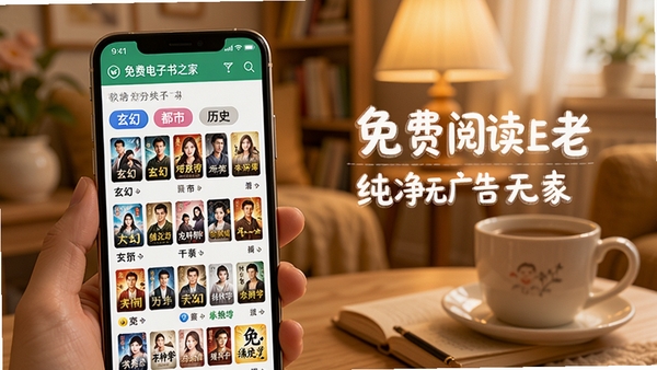 免费电子书之家软件界面展示,手机屏幕显示海量小说书架,分类清晰,包含玄幻、都市、历史等标签,背景温馨舒适,突出免费阅读和纯净无广告的特点
